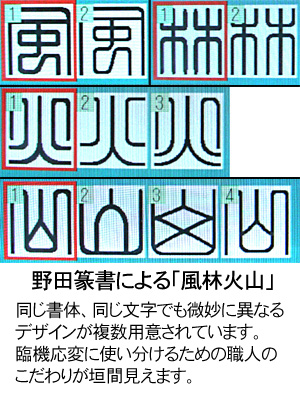 野田フォントによる「風林火山」同じ書体、同じ文字でも微妙に異なるデザインが用意されており、臨機応変に使えるようになっている。職人のこだわりが垣間見える