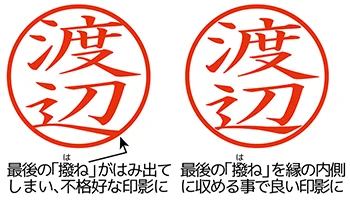 毛筆文字の印章文字は、撥ねなど終筆を綺麗に見せるため文字が縁に接しません
